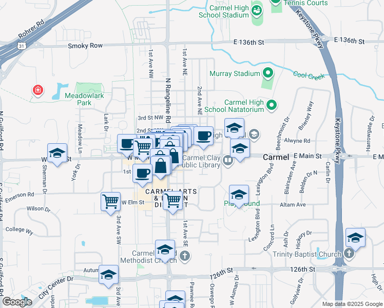 map of restaurants, bars, coffee shops, grocery stores, and more near 111 East Main Street in Carmel