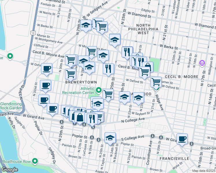 map of restaurants, bars, coffee shops, grocery stores, and more near 2523 Stewart Street in Philadelphia