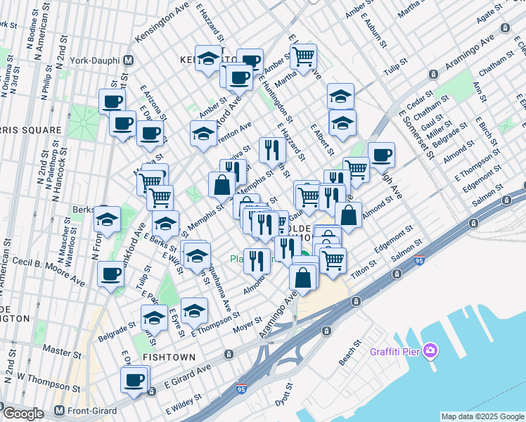 map of restaurants, bars, coffee shops, grocery stores, and more near 2431 Cedar Street in Philadelphia