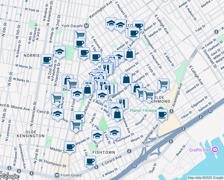 map of restaurants, bars, coffee shops, grocery stores, and more near 2205 Tulip Street in Philadelphia