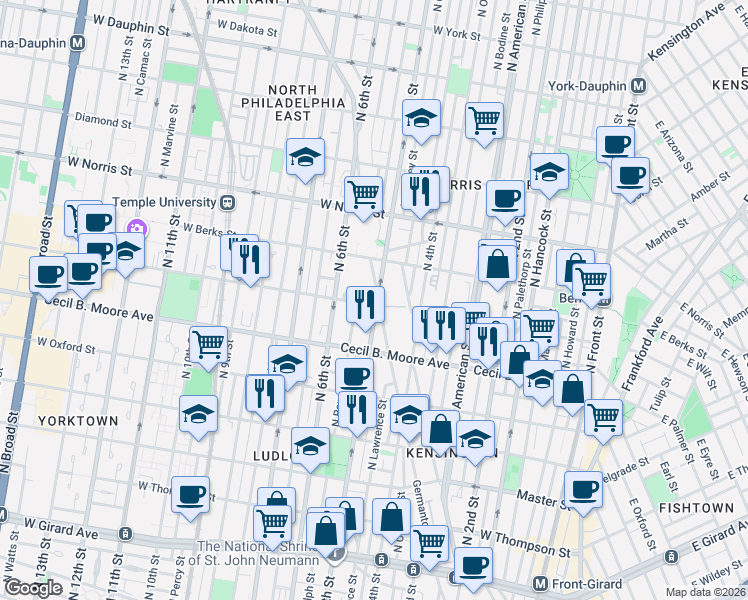 map of restaurants, bars, coffee shops, grocery stores, and more near 1855 North 5th Street in Philadelphia