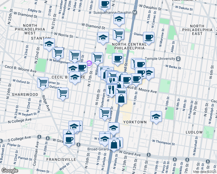 map of restaurants, bars, coffee shops, grocery stores, and more near 1628 North 15th Street in Philadelphia