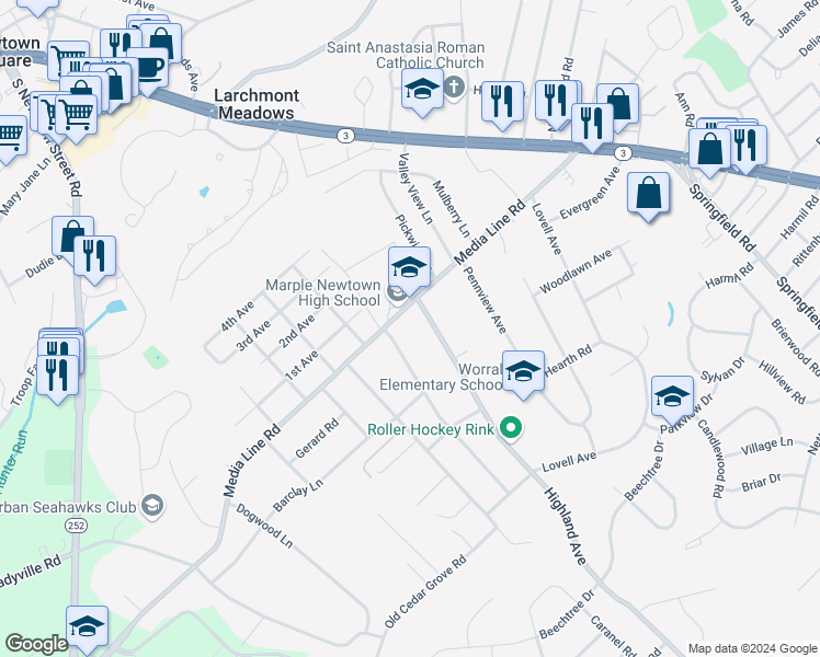 map of restaurants, bars, coffee shops, grocery stores, and more near 309 Media Line Road in Broomall