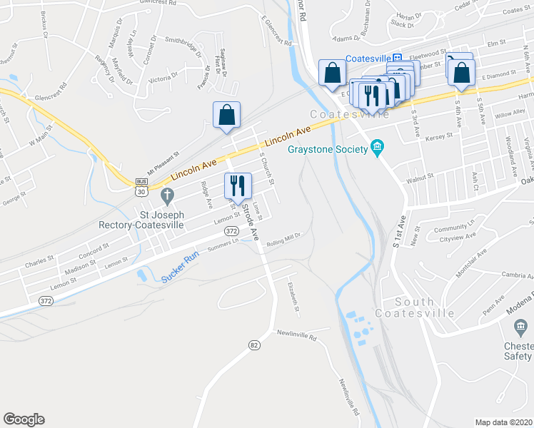 map of restaurants, bars, coffee shops, grocery stores, and more near 233 East Valley Road in Coatesville