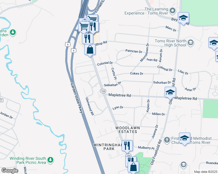 map of restaurants, bars, coffee shops, grocery stores, and more near 1131 Lakewood Road in Toms River