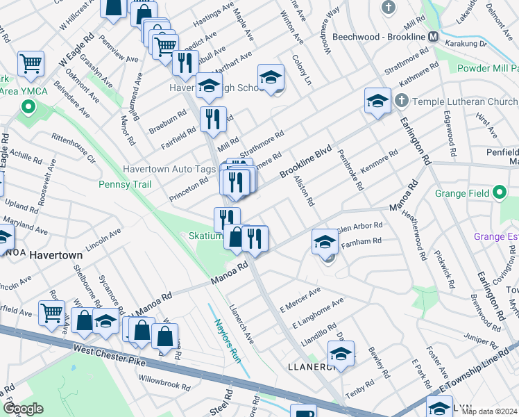 map of restaurants, bars, coffee shops, grocery stores, and more near 12 Pennsylvania Avenue in Havertown