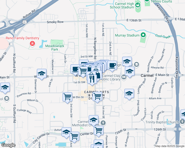 map of restaurants, bars, coffee shops, grocery stores, and more near 21 West Main Street in Carmel