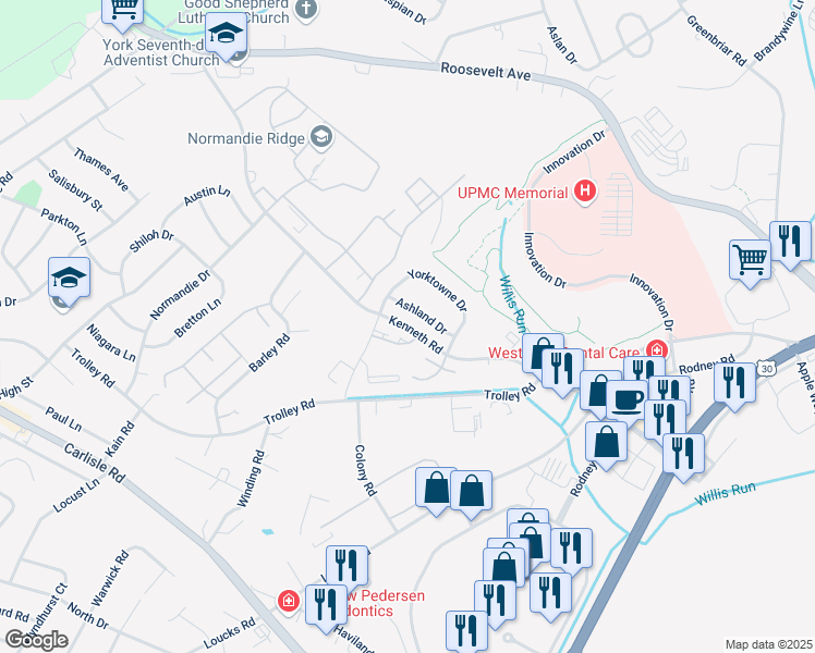 map of restaurants, bars, coffee shops, grocery stores, and more near Kenneth Road in York