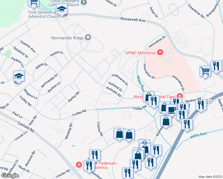 map of restaurants, bars, coffee shops, grocery stores, and more near 1742 Kenneth Road in Shiloh