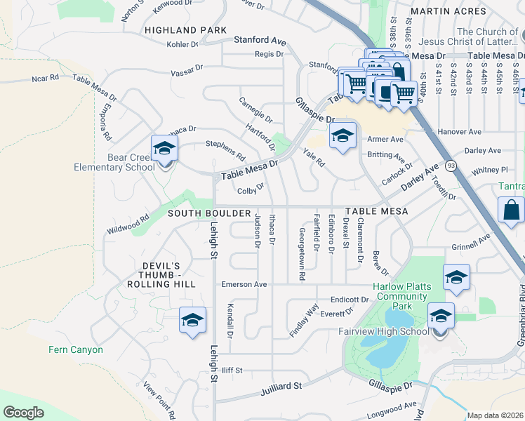 map of restaurants, bars, coffee shops, grocery stores, and more near 1160 Ithaca Drive in Boulder