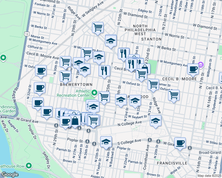 map of restaurants, bars, coffee shops, grocery stores, and more near 2435 Nassau Street in Philadelphia