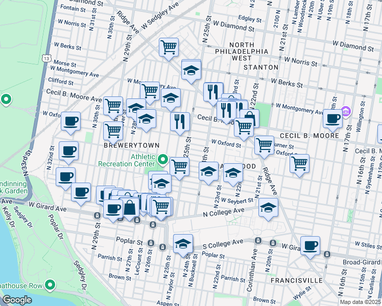 map of restaurants, bars, coffee shops, grocery stores, and more near 2435 Nassau Street in Philadelphia