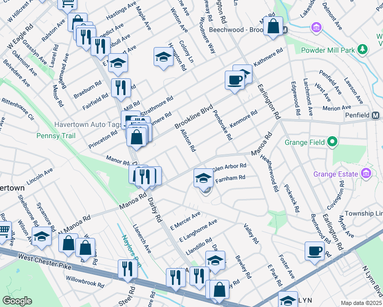 map of restaurants, bars, coffee shops, grocery stores, and more near 1020 Allston Road in Havertown