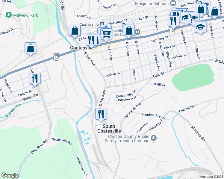 map of restaurants, bars, coffee shops, grocery stores, and more near 26 Oak Street in Coatesville