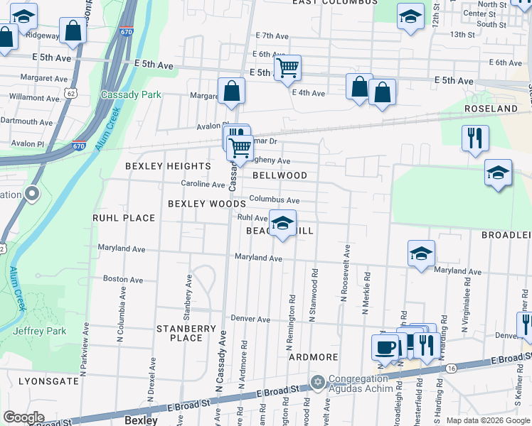 map of restaurants, bars, coffee shops, grocery stores, and more near 2706 Ruhl Avenue in Bexley