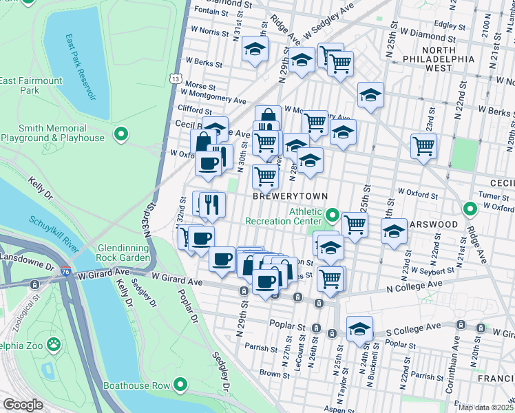 map of restaurants, bars, coffee shops, grocery stores, and more near 1440 North 29th Street in Philadelphia