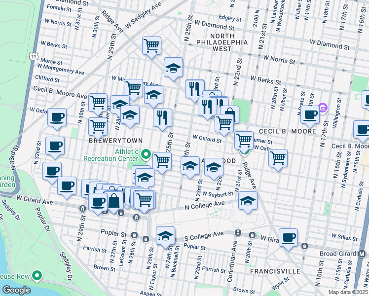 map of restaurants, bars, coffee shops, grocery stores, and more near 2400 Bolton Street in Philadelphia
