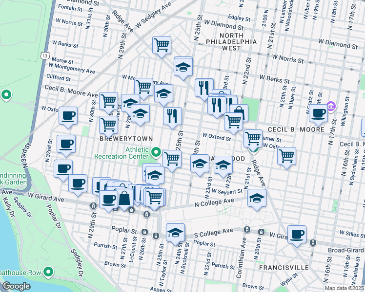map of restaurants, bars, coffee shops, grocery stores, and more near 2439 Nassau Street in Philadelphia