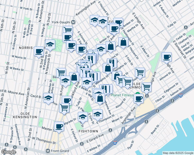 map of restaurants, bars, coffee shops, grocery stores, and more near 2306R East Fletcher Street in Philadelphia