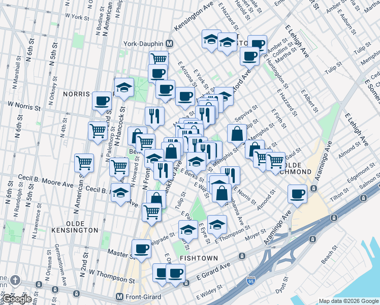map of restaurants, bars, coffee shops, grocery stores, and more near in Philadelphia