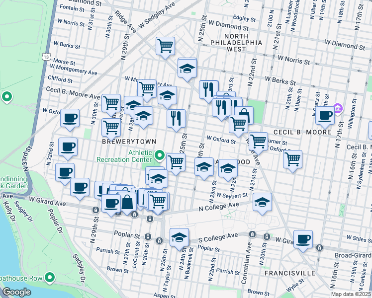 map of restaurants, bars, coffee shops, grocery stores, and more near 2439 Nassau Street in Philadelphia