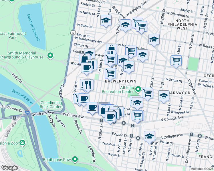 map of restaurants, bars, coffee shops, grocery stores, and more near 1440 North 29th Street in Philadelphia