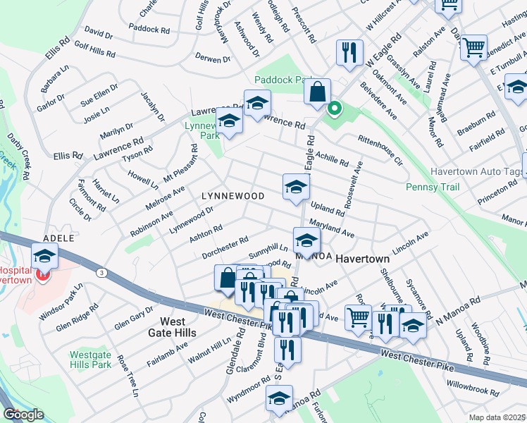 map of restaurants, bars, coffee shops, grocery stores, and more near 1336 Maryland Avenue in Havertown