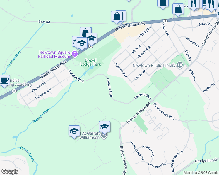 map of restaurants, bars, coffee shops, grocery stores, and more near 14 Campus Boulevard in Newtown Square