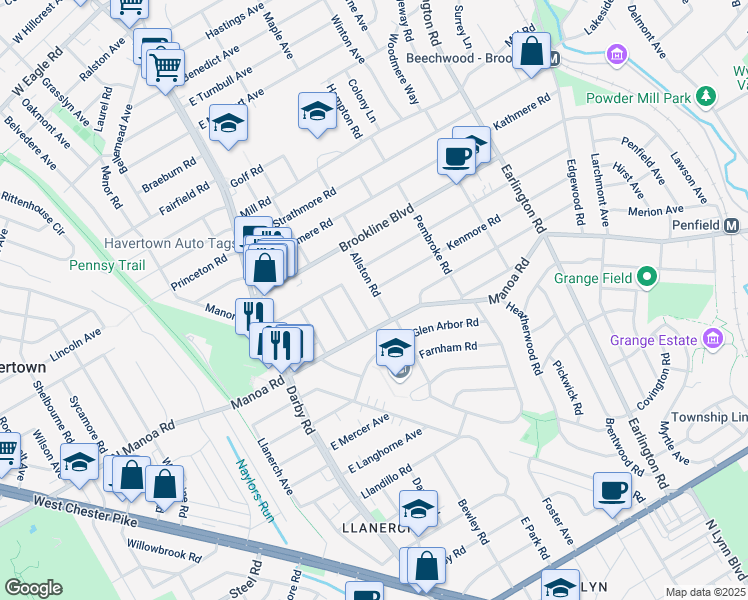 map of restaurants, bars, coffee shops, grocery stores, and more near 1020 Allston Road in Havertown