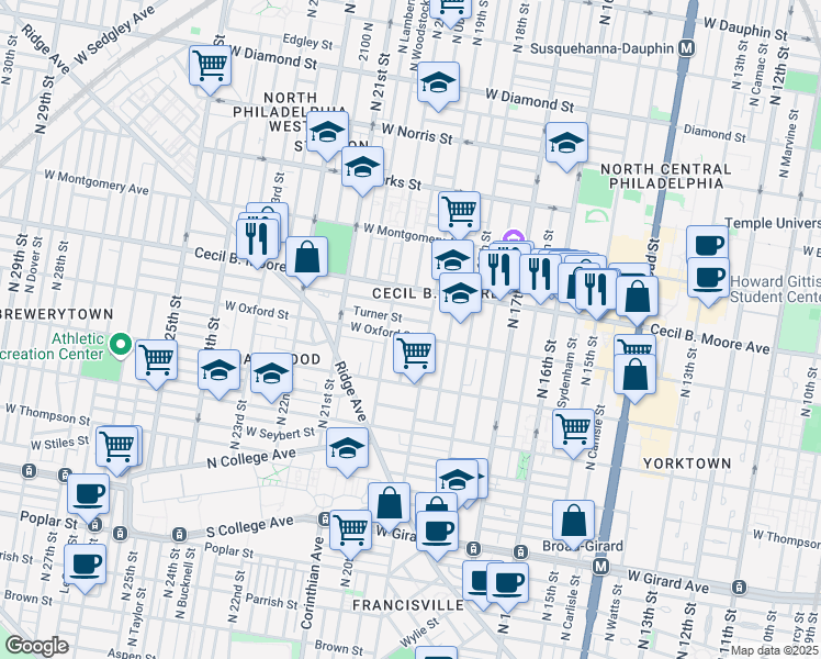 map of restaurants, bars, coffee shops, grocery stores, and more near 1528 North 19th Street in Philadelphia