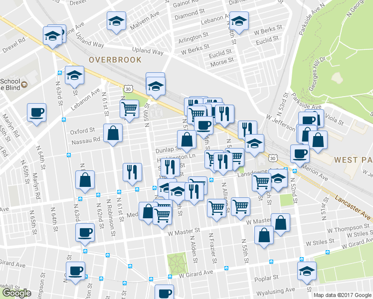 map of restaurants, bars, coffee shops, grocery stores, and more near 5700 Dunlap Street in Philadelphia