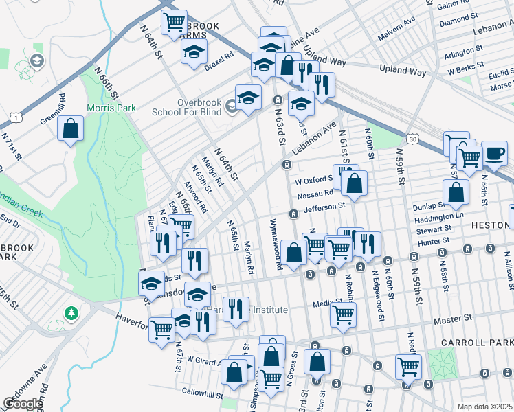 map of restaurants, bars, coffee shops, grocery stores, and more near 1011 North 64th Street in Philadelphia