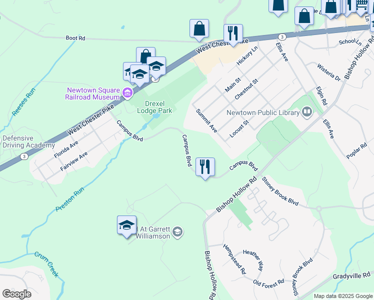 map of restaurants, bars, coffee shops, grocery stores, and more near 18 Campus Boulevard in Newtown Square