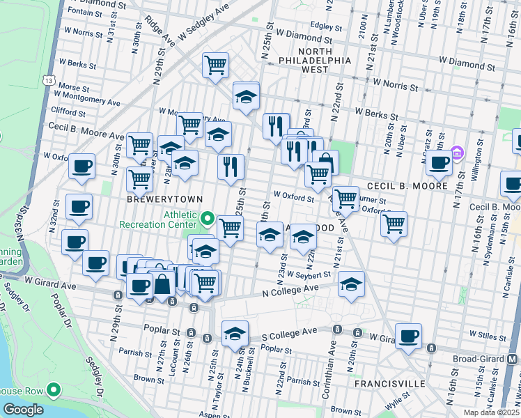 map of restaurants, bars, coffee shops, grocery stores, and more near 2400 Bolton Street in Philadelphia