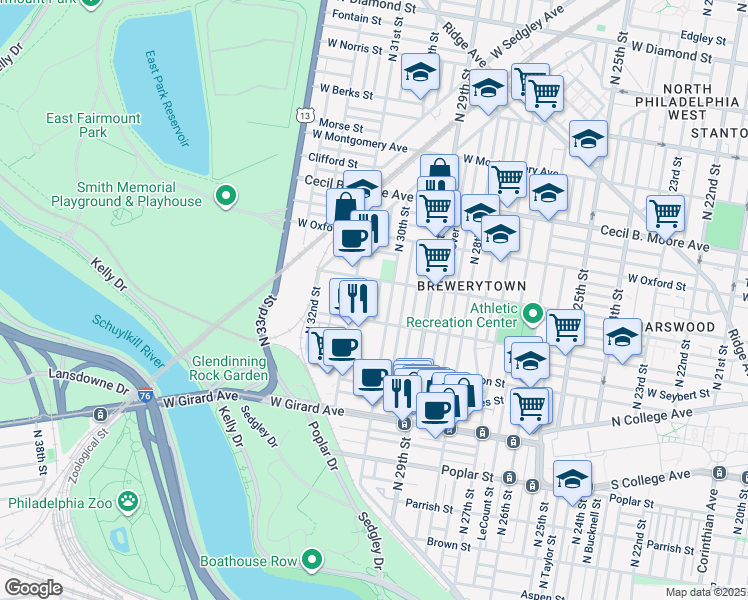 map of restaurants, bars, coffee shops, grocery stores, and more near 1432 North Corlies Street in Philadelphia