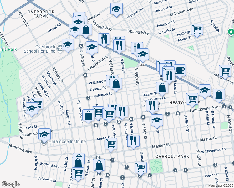 map of restaurants, bars, coffee shops, grocery stores, and more near 1763 North 61st Street in Philadelphia