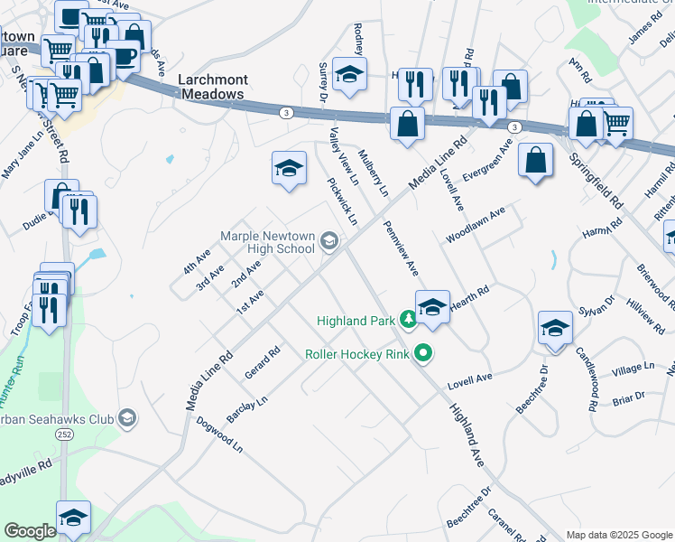 map of restaurants, bars, coffee shops, grocery stores, and more near 309 Media Line Road in Broomall