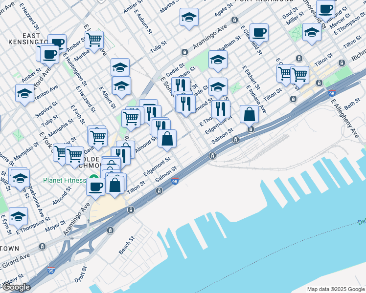 map of restaurants, bars, coffee shops, grocery stores, and more near 2728 Edgemont Street in Philadelphia
