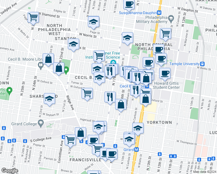 map of restaurants, bars, coffee shops, grocery stores, and more near 1615 North Bouvier Street in Philadelphia