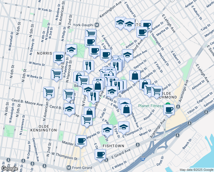 map of restaurants, bars, coffee shops, grocery stores, and more near Frankford Ave & E Norris St in Philadelphia