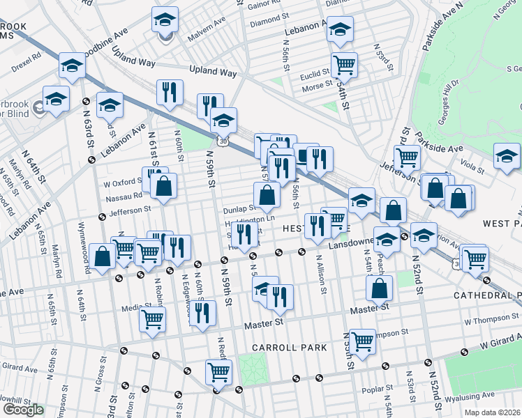 map of restaurants, bars, coffee shops, grocery stores, and more near 5712 Dunlap Street in Philadelphia