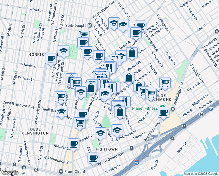 map of restaurants, bars, coffee shops, grocery stores, and more near 2012-18 Frankford Avenue in Philadelphia