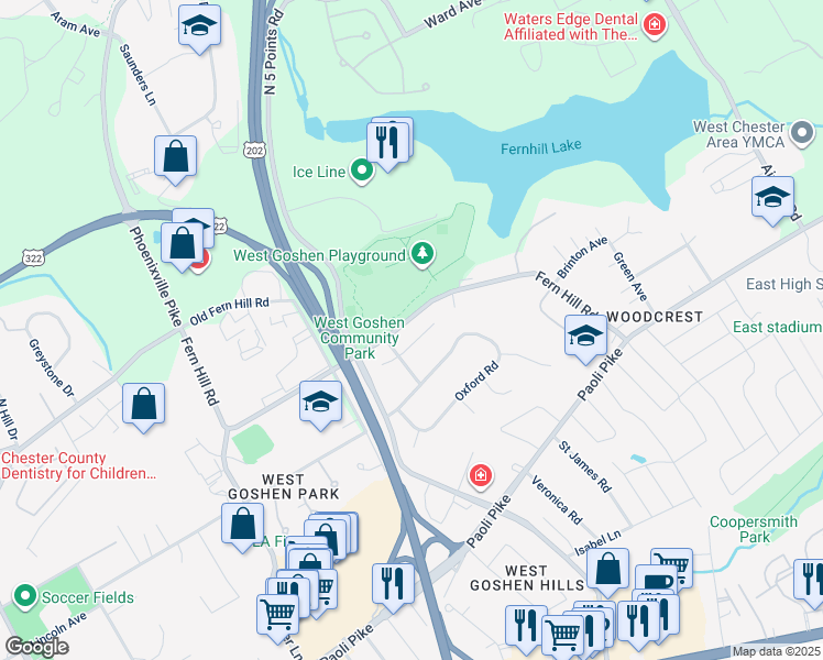 map of restaurants, bars, coffee shops, grocery stores, and more near 203 Afton Way in West Chester