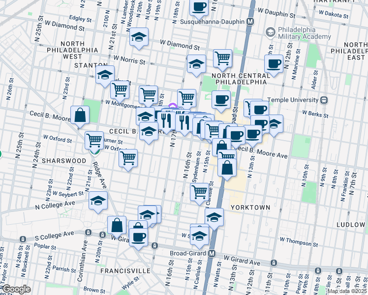 map of restaurants, bars, coffee shops, grocery stores, and more near 1623 Willington Street in Philadelphia