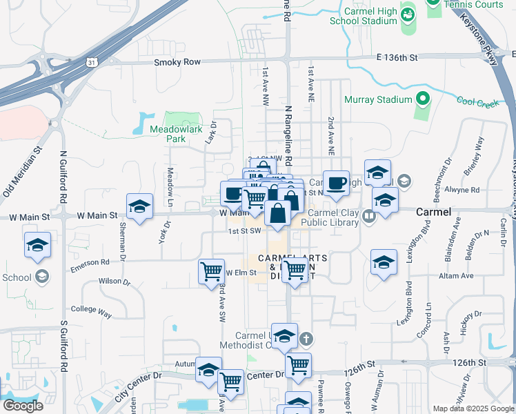 map of restaurants, bars, coffee shops, grocery stores, and more near 110 West Main Street in Carmel