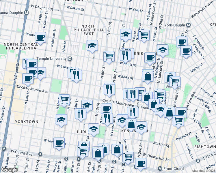 map of restaurants, bars, coffee shops, grocery stores, and more near 519 West Montgomery Avenue in Philadelphia