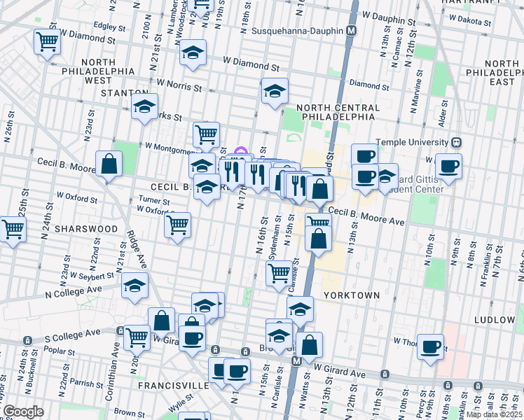 map of restaurants, bars, coffee shops, grocery stores, and more near 1609 West Oxford Street in Philadelphia