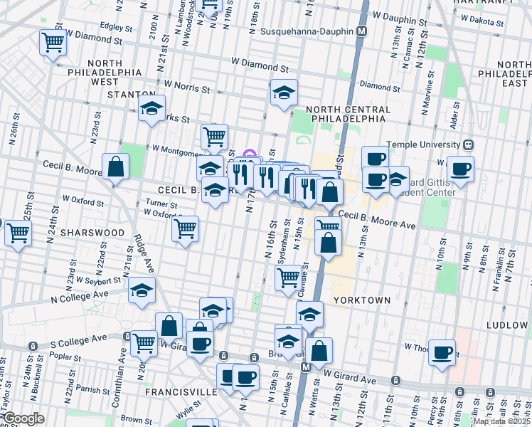 map of restaurants, bars, coffee shops, grocery stores, and more near 1609 West Oxford Street in Philadelphia
