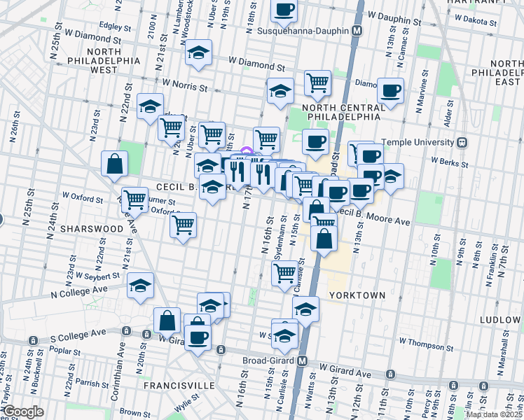 map of restaurants, bars, coffee shops, grocery stores, and more near 207 Moore Street in Philadelphia