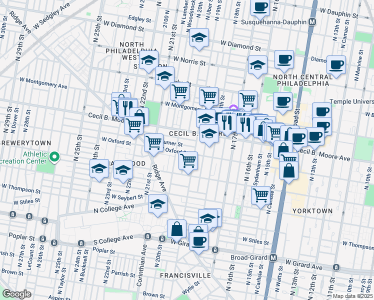 map of restaurants, bars, coffee shops, grocery stores, and more near 1528 North 19th Street in Philadelphia
